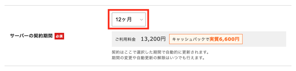 エックスサーバーお申し込みフォーム契約期間の画像